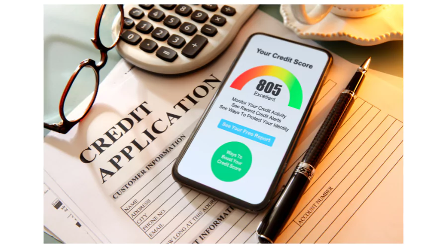 A smartphone displaying a credit score of 805 categorized as 'Excellent' rests on a desk beside a credit application form, a pair of glasses, a pen, and a calculator, symbolizing the tools and information needed for successful financial management and credit application processes.
