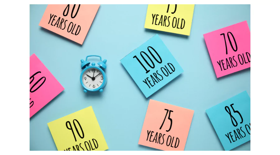Colorful sticky notes indicating different ages from 60 to 100 years old surrounding a blue alarm clock on a light blue background, illustrating a study on the average net worth by age.