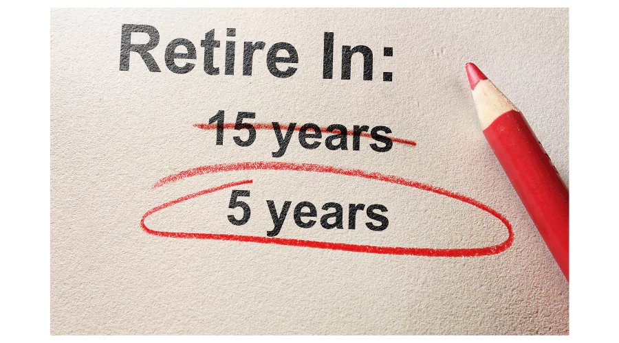 Paper with 'Retire In:' text and countdown options, with '5 years' circled in red, symbolizing a strategic plan on how to retire early.