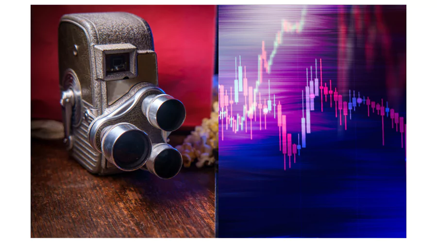 On the left, a vintage movie camera evoking the golden era of cinema on a wooden surface with a dramatic red backdrop. On the right, a blurred image of stock market charts in hues of blue and purple, suggesting the dynamic and volatile nature of the stock market, often dramatized in films.