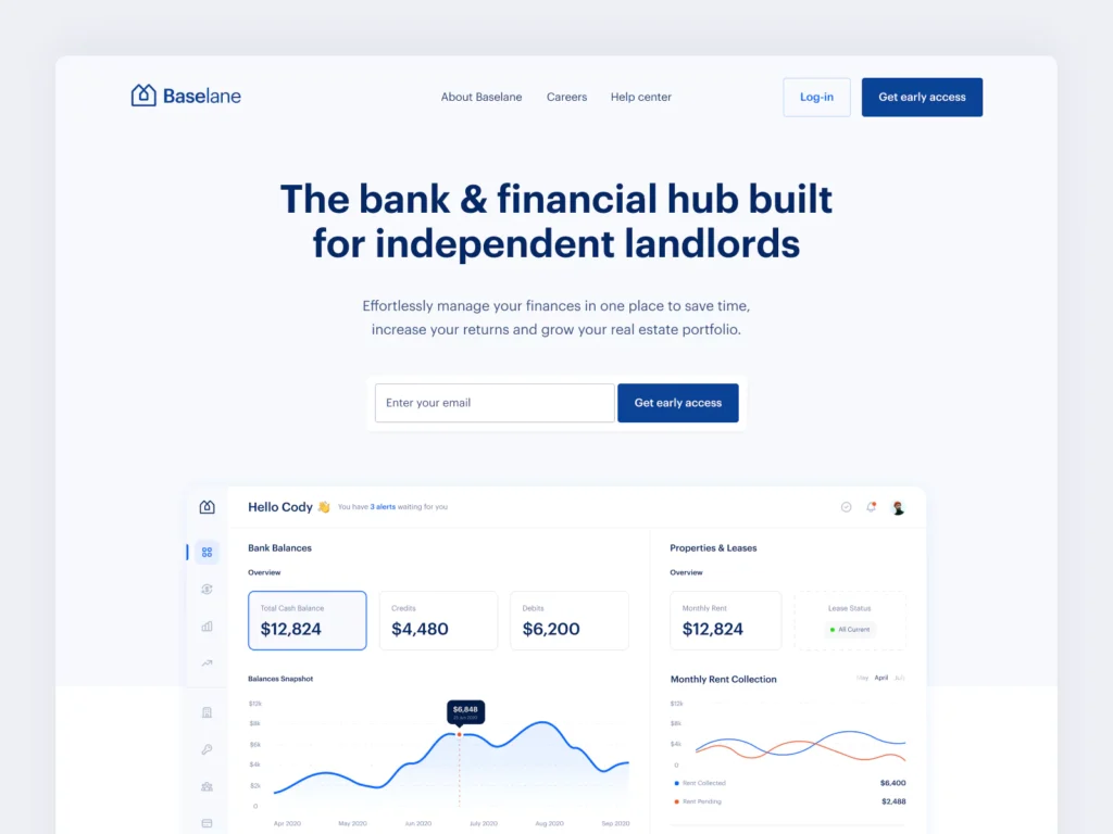 A screenshot of the Baselane website homepage showcasing its value proposition as 'the bank & financial hub built for independent landlords', with a user interface display featuring financial summaries and real estate portfolio management tools.