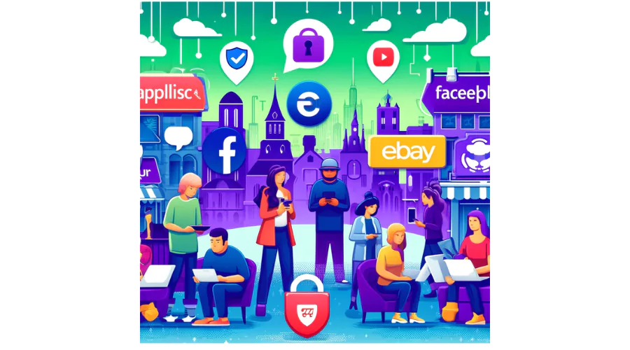 Vibrant illustration featuring various people engaged with their devices in an urban setting, adorned with icons and logos of popular social media and online marketplace platforms, including one that is reminiscent of Craigslist.