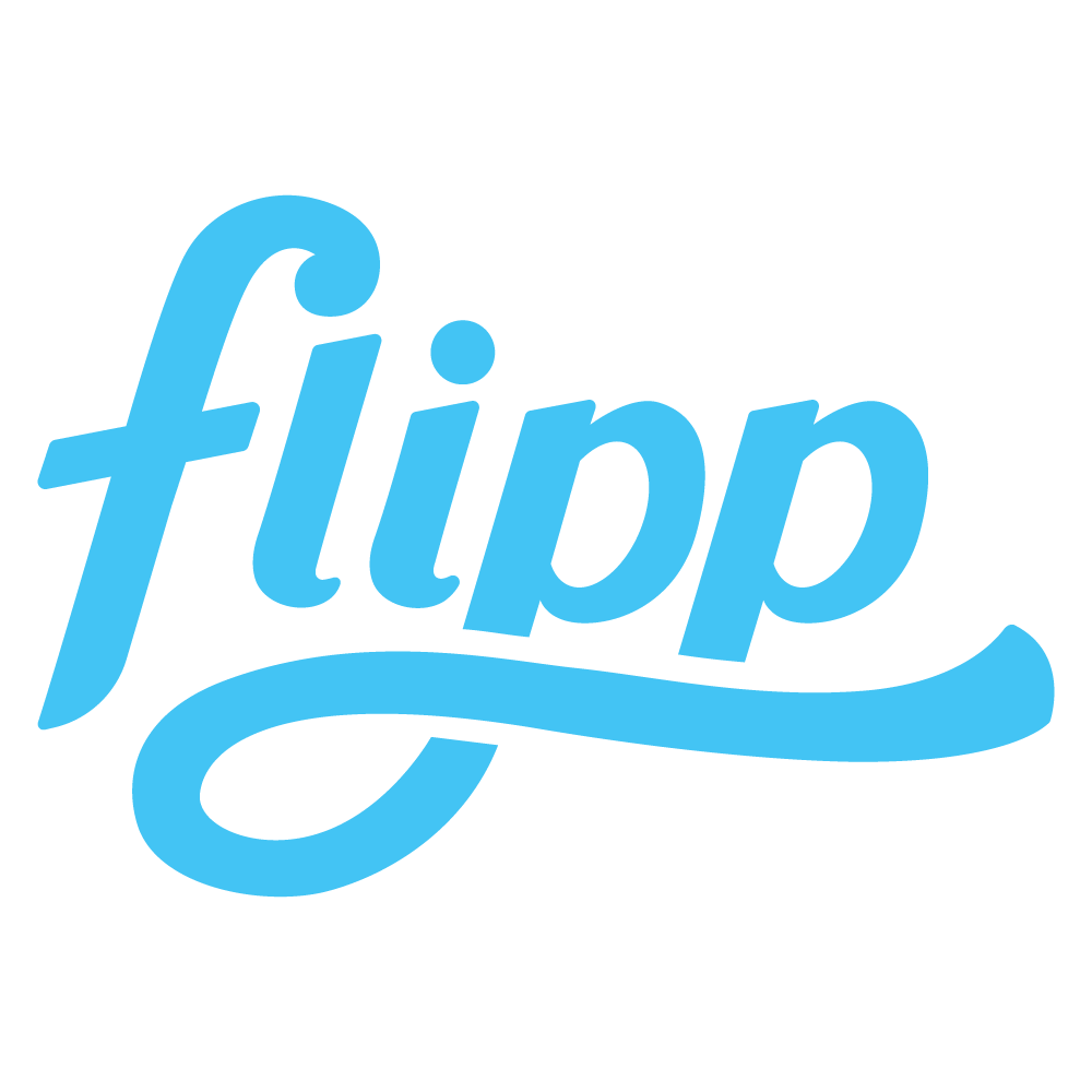 The Flipp logo rendered in a light blue cursive font on a dark background, representing the brand's visual identity.