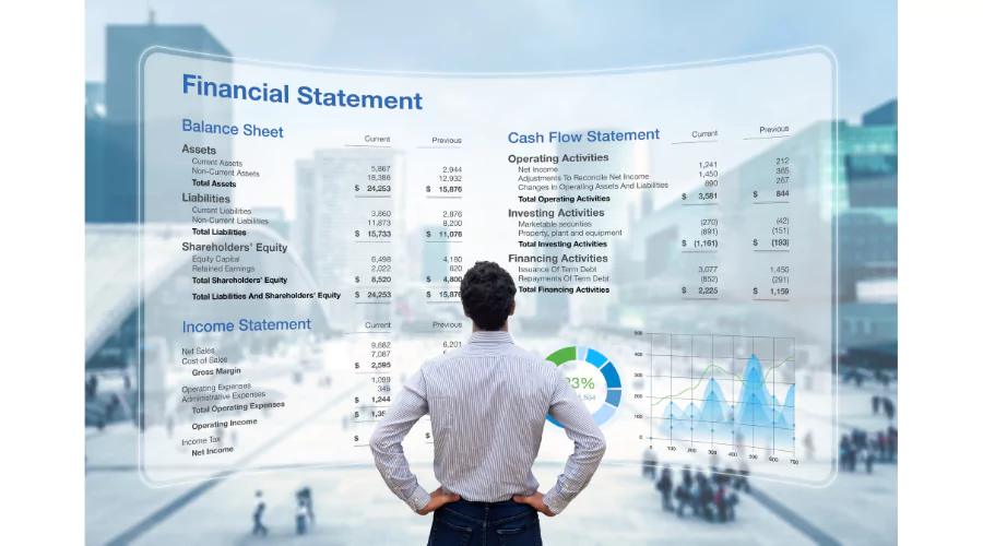 A businessman analyzing transparent floating financial statements and graphs, symbolizing how Baselane streamlines financial management and cash flow for property owners.