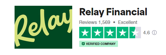 Logo of Relay Financial, featuring a green background with the word 'Relay' in white script. Beside the logo, a Trustpilot widget displays 'Relay Financial' with a rating of 4.6 stars based on 1,569 reviews and is labeled as a 'verified company'. The logo is associated with relay business banking services.