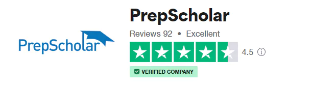 PrepScholar logo with a Trustpilot rating showing 92 reviews and a score of 4.5 out of 5 stars, labeled as 'Excellent'. The badge next to the rating confirms that PrepScholar is a 'Verified Company'.